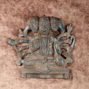 Vintage Panchmukhi Hanuman Wall Hanging | 8" x 8" x 2" (20.3 x 20.3 x 5.1 cm) | 2 kg Antique Sandstone Finish | Five-Face Protection Art